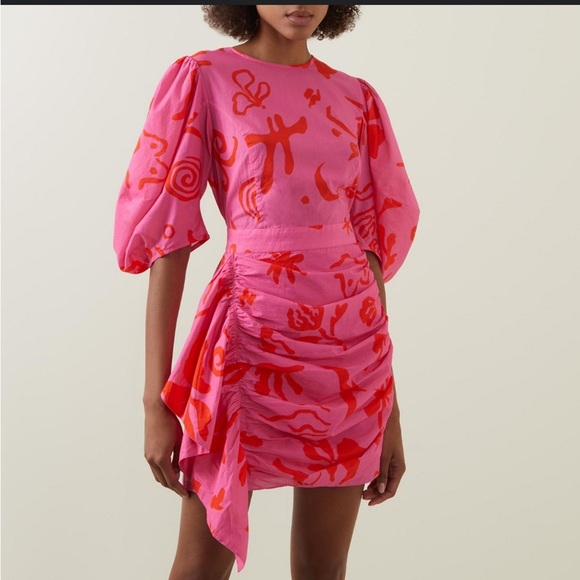 RHODE Dresses & Skirts - NWT RHODE Pia Pink Botanical Floral Abstract Mini Dress Ruffles Puff Sleeve 12